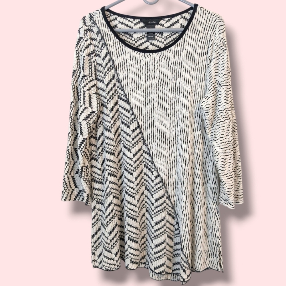 Ali Miles Black White Patterned Asymmetric 3/4 Sleeve Tunic LG Lagenlook Artsy